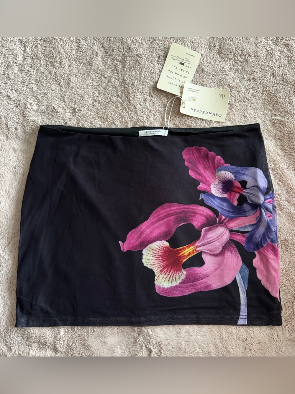PEPPERMAYO Sunset Bliss Mesh Mini Skirt Cosmo Floral Orchid Flower Print Purple